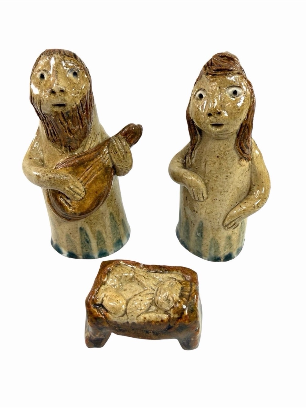 Joseph Mary Jesus 3 Piece Nativity Folk Art Pottery Christmas Holiday Religious